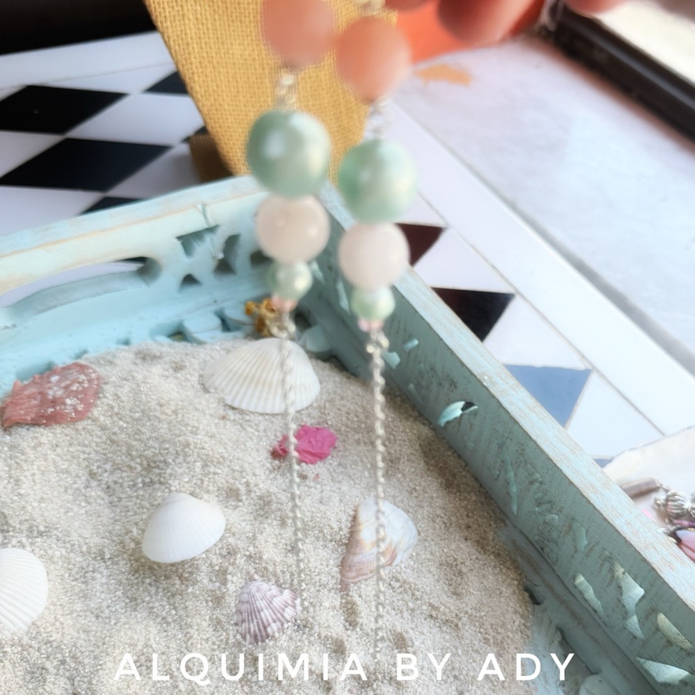 SHOULDER DUSTER EARRINGS | Mint pearls pink quartz silver X_Long CLAVICLE ๐งโโ๏ธ - Picture 3 of 4